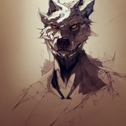 Image similar to concept art of anthropomorphized wolf, highly detailed painting by dustin nguyen, akihiko yoshida, greg tocchini, 4 k, trending on artstation, 8 k