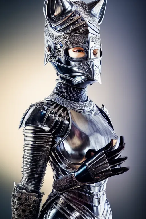 Prompt: female knight wearing a real cat on her head, armor designed by wayne barlowe, swarovski and tiffany, blonde hair, symmetry, sci - fi, cinematic, elegant, luxury, perfect light, perfect composition, dlsr photography, sharp focus, dark fantasy, 4 k, ultra hd, sense of awe, highly detailed, realistic, intricate