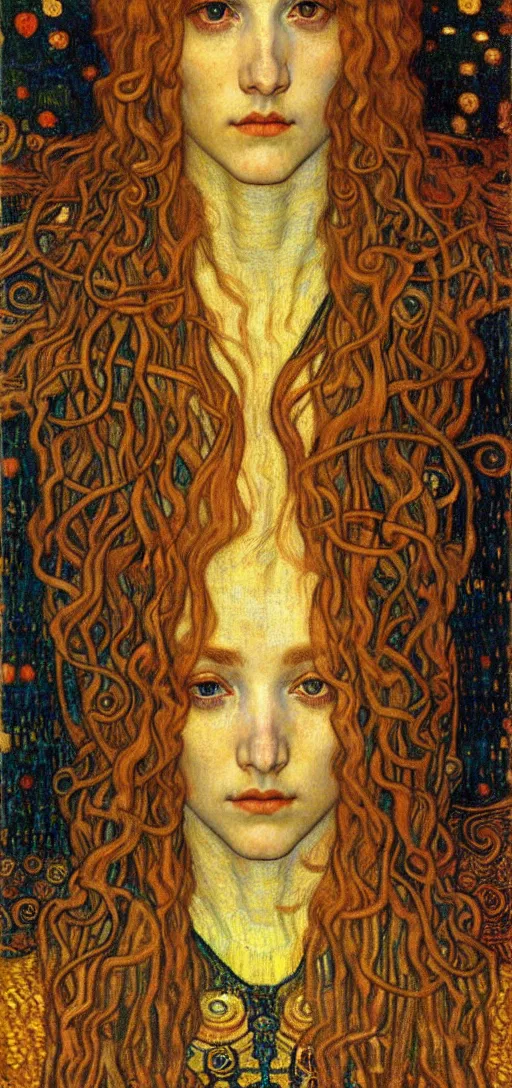 Image similar to detailed realistic beautiful young medieval queen face portrait by jean delville, gustav klimt and vincent van gogh, art nouveau, symbolist, visionary, gothic, pre - raphaelite, muted earthy colors, desaturated