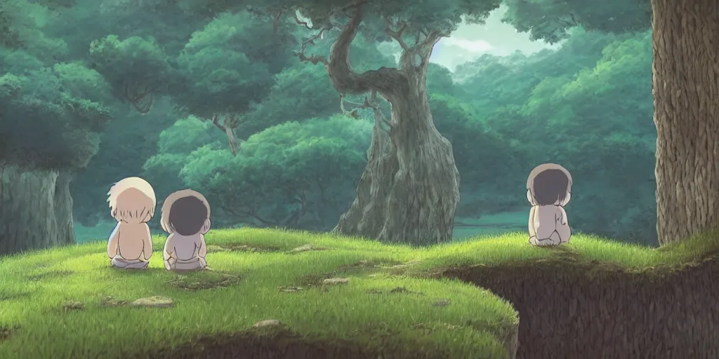 Prompt: Two tiny little cute entities contemplate their purpose in a serene landscape filled with nature, lakes and dreams. The two entities are made in the style of Hayao Miyazaki, the serene landscape is made in the style of hyper realism, highly detailed, high quality.