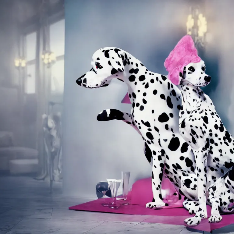 Image similar to vogue photoshoot octane render of 1 0 1 dalmatian with white background, focus bright colorful pastel exotic vintage boutique hotel lounge, very short depth of field, bokeh