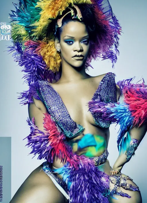 Prompt: rihanna styled by nick knight, colourful clothing, intricate headpiece, dramatic lighting, posing, high fashion classy, glamour, full body shot, set pieces, intricate set, vogue magazine, canon, highly realistic. high resolution. highly detailed. dramatic. 8 k. 4 k.