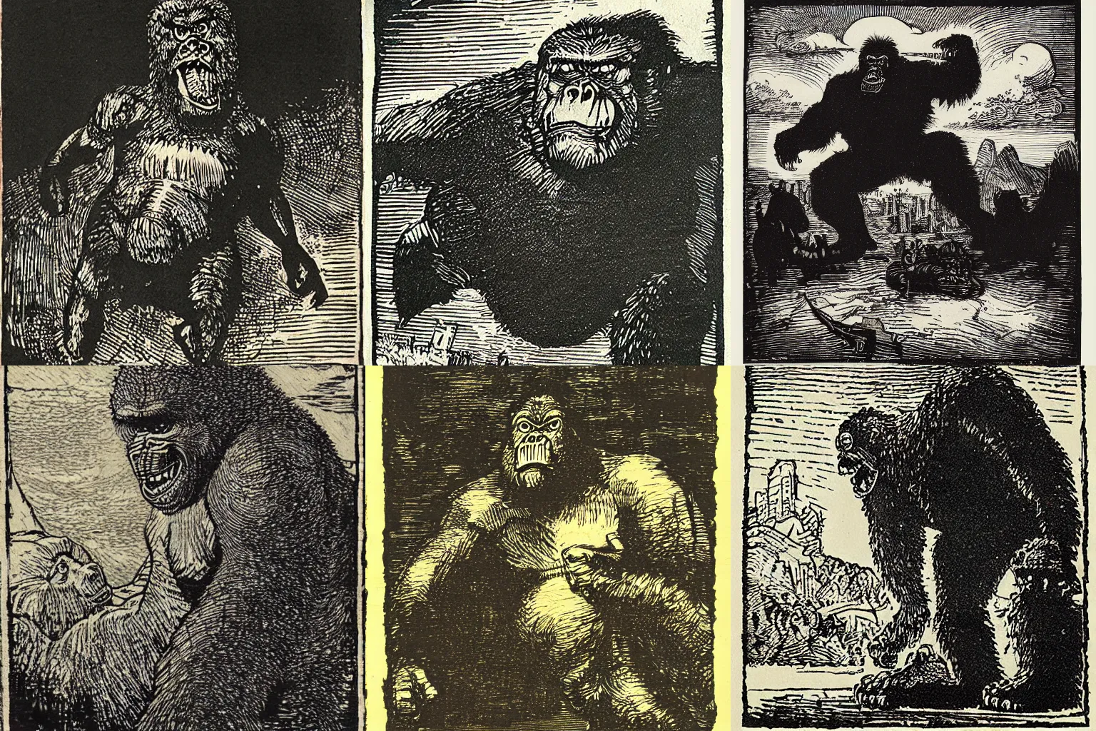 Prompt: woodcut of King Kong by Rembrandt