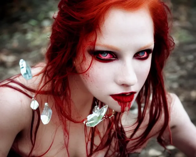 Image similar to award winning 5 5 mm close up face portrait photo of an anesthetic and beautiful redhead vampire lady who looks directly at the camera with bloodred wavy hair, intricate eyes that look like gems, and long fangs, in a park by luis royo. rule of thirds.