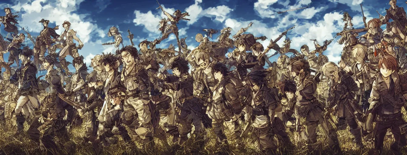 Prompt: a line - up of fallen comrades under a vast and open sky. hyperrealistic anime background illustration by kim jung gi, colorful, extremely detailed intricate linework, smooth, super sharp focus, bright colors, high contrast, matte, octopath traveler, unreal engine 5 highly rendered, global illumination, radiant light