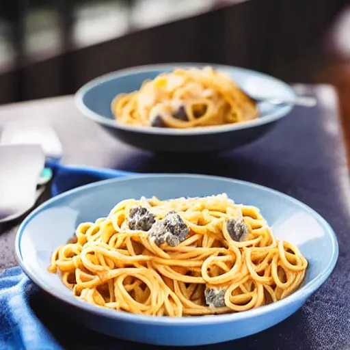 Prompt: a professional photo of blue moon pasta with moon chunks