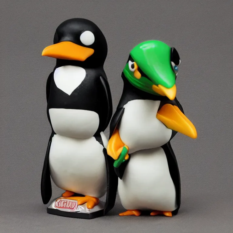 Prompt: Funko pop heavy metal penguin with turtle sidekick