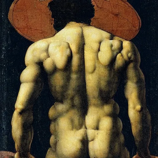 Image similar to atlas holding the world in his back painted by leonardo da vinci