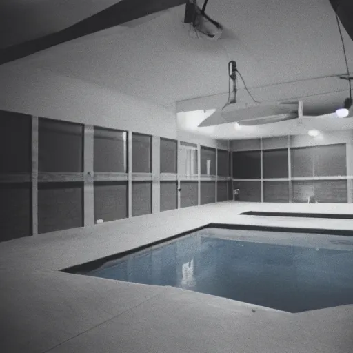 Image similar to a liminal space of a old 1 9 8 0 s pool, backrooms, eerie, found footage, pool