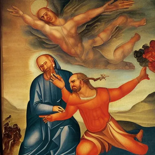 Prompt: masterful religious painting, god fighting the devil