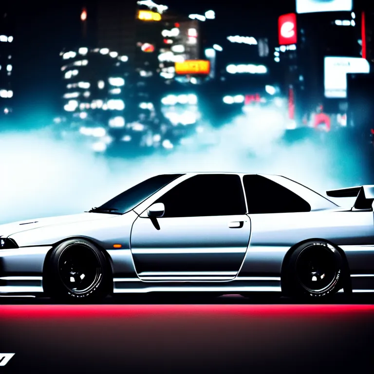 Image similar to a car Nissan R33 GTR twin turbo drift at illegal car meet, Shibuya prefecture, city midnight mist lights, cinematic lighting, photorealistic, highly detailed wheels, high detail