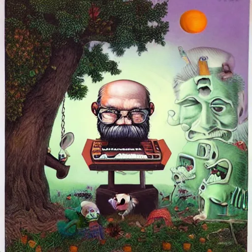 Image similar to old man white beard playing a synthesizer in a tree house, notes and clefs listening , lowbrow surrealistic, in the style of Mark Ryden,