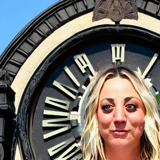 Image similar to A detailed photo of Kaley Cuoco under the Eastgate clock in Chester. Behind her we see a black panther