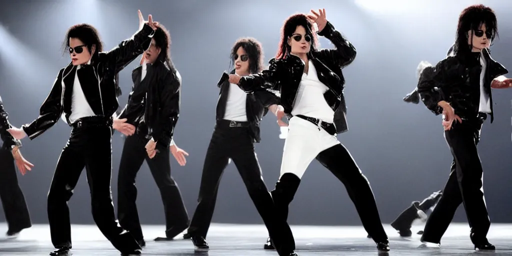 Prompt: michael jackson 2 0 0 9 wearing shades, alone, billie jean outfit, solo dance, this is it style, spotlight, stage, photo real, motion blur, by himself, real life, performing, spotted, ultra realistic face, accurate, 4 k, movie still, uhd, sharp, detailed, cinematic, render, modern