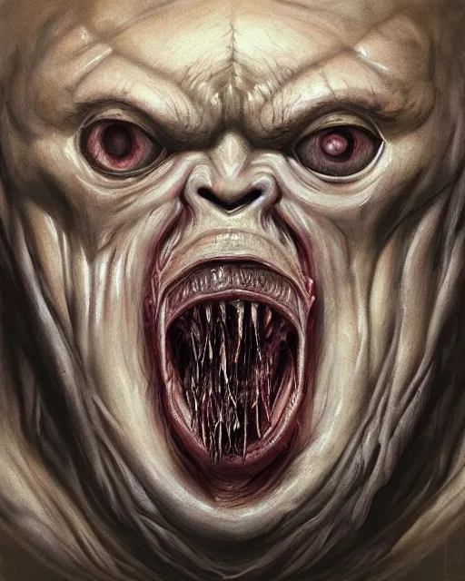 Image similar to Dark fantasy Painting of a hulking muscular EXTRATERRESTRIAL creature with big bulging eyes, white milky eyes, eyeballs, two heads, flabby skin, excess skin hanging from cheeks, straw-like beard growing from face, disgusting, creepy, unsettling, horror, upper body, intricate, wild, highly detailed, digital painting, artstation, concept art, smooth, sharp focus, illustration, art by artgerm and greg rutkowski and alphonse mucha