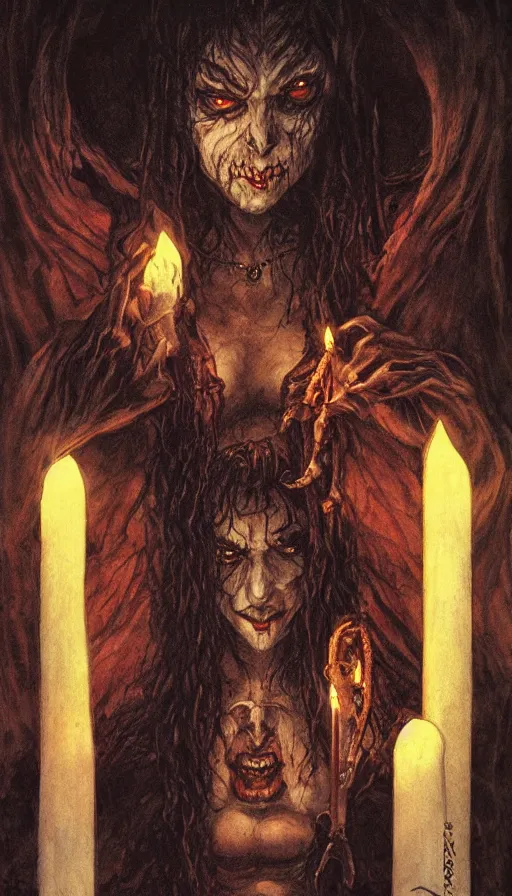 Image similar to carmilla vampire, gothic horror, by brian froud, candlelit catacombs