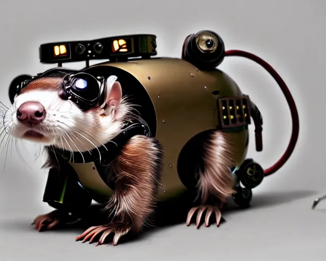 Prompt: futuristic steampunk ferret - shaped robot, cyberpunk ferret - shaped mechanical robot