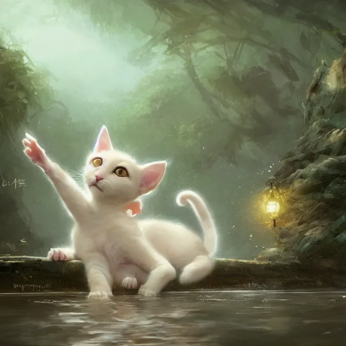 Prompt: a painting of a cute light beige kitten at a river. dark brown ears and face and legs and tail. white paws. character design by cory loftis, fenghua zhong, ryohei hase, ismail inceoglu and ruan jia. volumetric light, detailed, rendered in octane