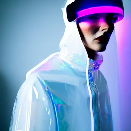 Prompt: an ultra high definition professional studio quality photograph of an artificial celebrity cyberpunk pop star wearing a transparent iridescent perspex pastel coloured face visor and matching raincoat on white coat hook in an icelandic black rock environment. dramatic lighting. volumetric shadows. light rays