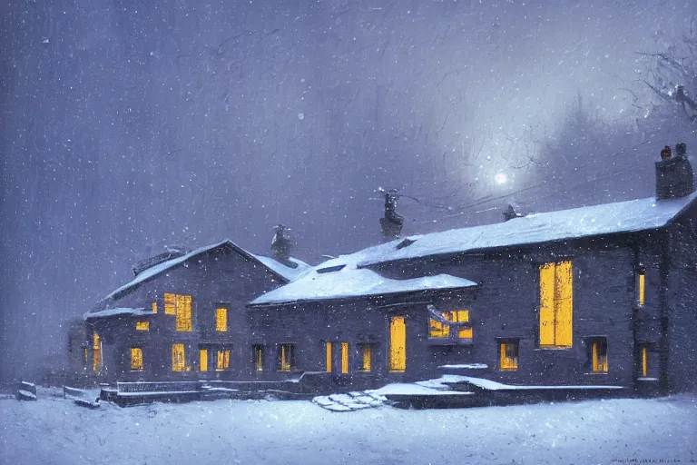 Image similar to cyberpunk, winter in the snow, external view of a 5 bedroom detached cyberpunk countryside house in the UK, by Paul Lehr