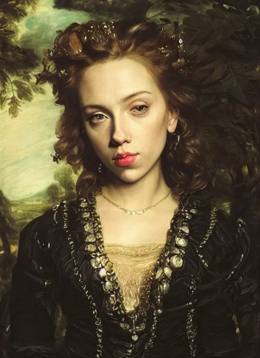 Image similar to Beautiful black cannery , Looks like Scarlett Johansson, In the woods, Dramatic, Edge, Good, Infused, Backlight, De-Noise, VFX, insanely detailed and intricate, hypermaximalist, facial ,elegant, ornate, hyper realistic, super detailed, by Anthony Van Dyck, by Ivan Shishkin, by John Constable