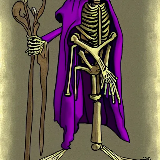 Image similar to skeleton wizard in a robe holding a staff and a scroll, digital art