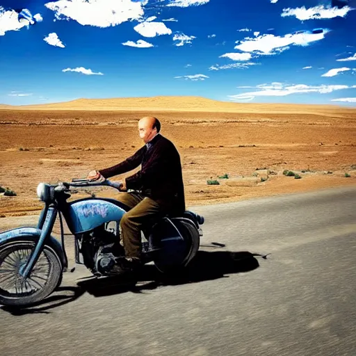 Image similar to a picture of vladimir lenin riding a motorbike, desert road, blue skies, realistic