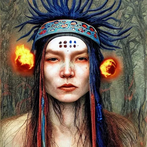 Image similar to A young blindfolded shaman woman with a decorated headband from which blood flows, blue hair and wood on her head. The background is a forest on fire, made by Esao Andrews and Karol Bak and Zdzislaw Beksinski