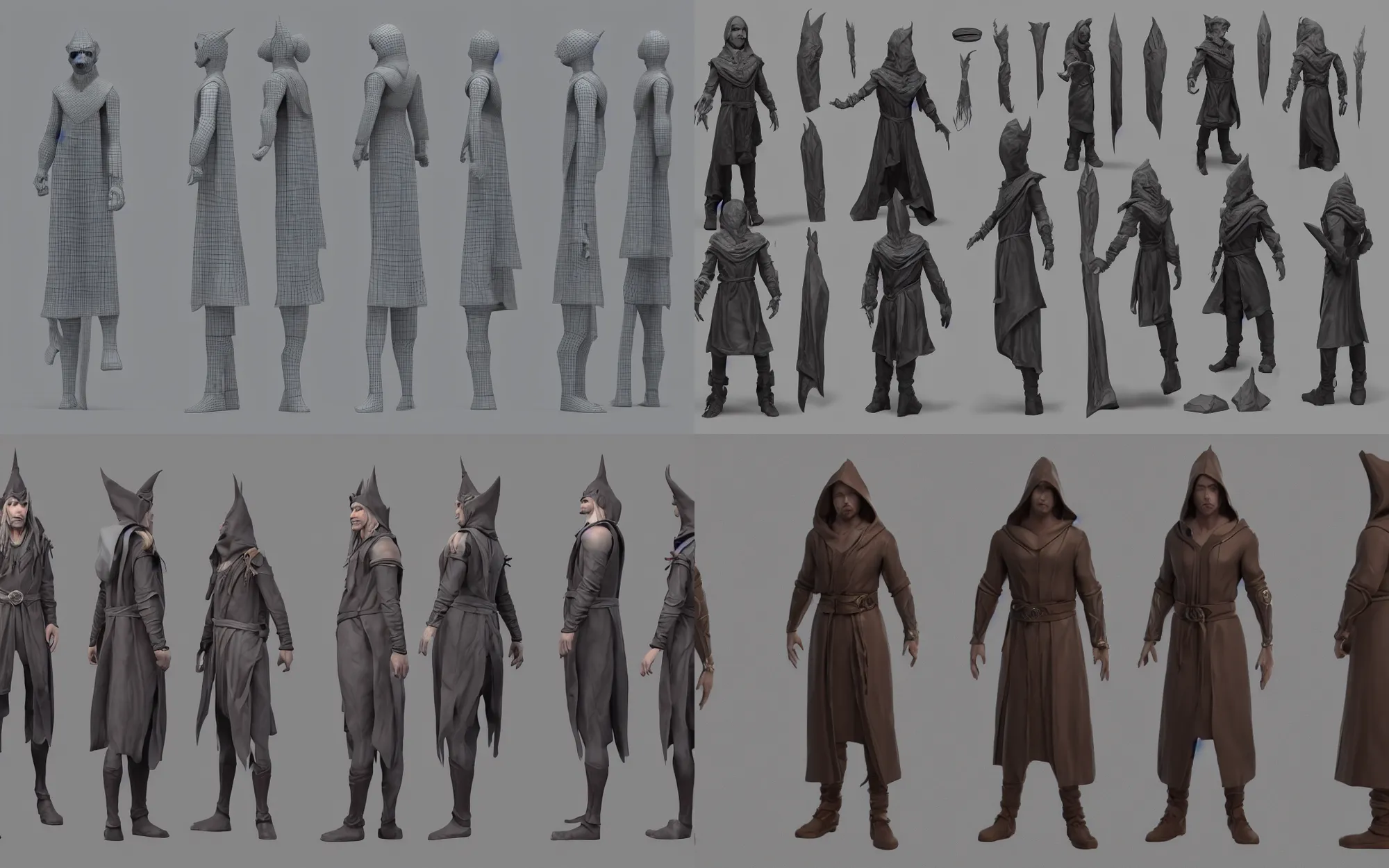 Prompt: 3d character design sheet, clean concept art of a male magic wizard, potions, belt, robes, hood, artsation, 8k, T-Pose, octane render, ray tracing, unreal engine 5, DAZ, ambient occlusion, insanely detailed, side view, top view, front view,