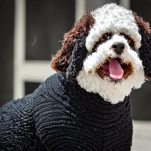 Image similar to a closeup photorealistic photograph of a cute smiling knitted bernedoodle judge dog dressed in a black gown, presiding over the courthouse. indoor image, professional capture, well lit shot. this 4 k hd image is trending on artstation, featured on behance, well - rendered, extra crisp, features intricate detail, epic composition and the style of unreal engine.