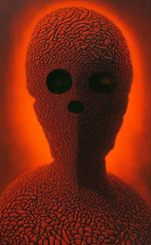 Prompt: black dramatic portrait painting of human with black mandelbrot fractal instead of face, in style of zdzisław beksinski, dark red, horror, body horror, scary,