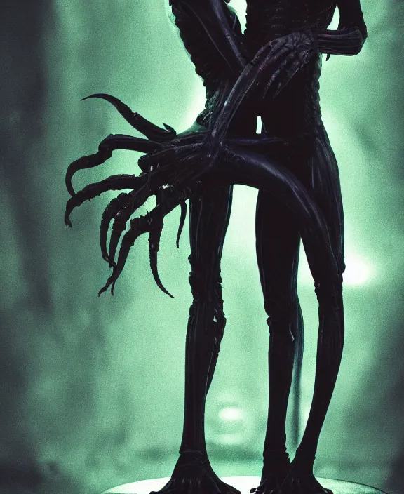 Image similar to xenomorph hugging pale sad beauty, dark emerald mist colors, giger background liminal void, cinematic lighting, realistic, award winning photograph, various refining methods, micro macro autofocus