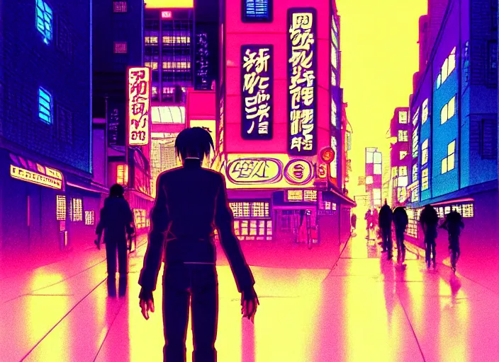 Image similar to editorial illustration colorful, anime city scene at night, katsuhiro otomo ilya kuvshinov, fine texture, realistic shading, ghost in the shell, fine details, matte colors, perfect face, dramatic lighting, dynamic composition, moody, vivid, volumetric, stippled lighting, big and cute eyes, cinematic, trending on artstation, kentaro miura