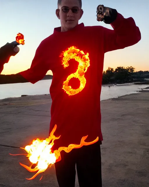 Image similar to squidward wearing fire nation clothing and practicing firebending outside at susnset