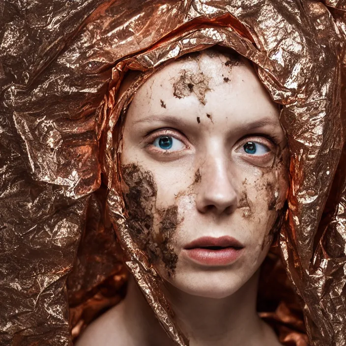 Prompt: closeup portrait of a woman wrapped in copper cellophane, standing in a derelict biology lab science, color photograph, by clemens ascher, canon eos c 3 0 0, ƒ 1. 8, 3 5 mm, 8 k, medium - format print