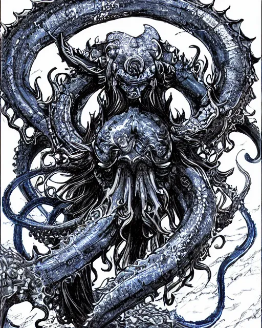 Image similar to A huge blue kraken in a vast sea, terrifying, black and white, fantasy art, monster art, in the style of masami kurumada, illustration, epic, fantasy, intricate, hyper detailed, artstation, concept art, smooth, sharp focus, ray tracing