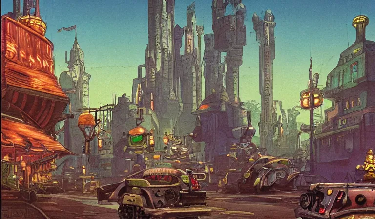 Image similar to fantasycore. magic the gathering art. street view of 1950s machinarium cityscape at night by Phillipe Drulliet and Roger Dean and Moebius. cute gigantic 1950s robots. cel-shaded. glossy painting.