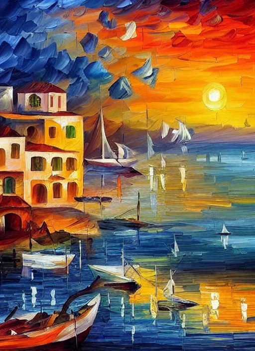 Prompt: beautiful seaside greek village and boats at sunset in the style of leonid afremov