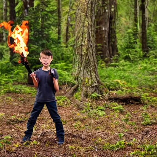 Prompt: A Boy with Fire power in the forest