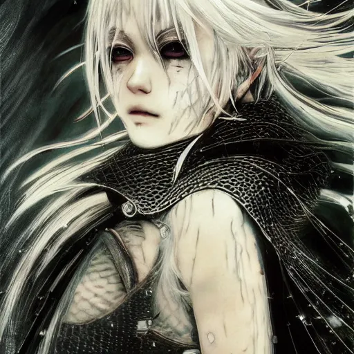 Image similar to Yoshitaka Amano realistic illustration of an anime girl with white hair and cracks on her face wearing dark souls armour with the cape fluttering in the wind, abstract black and white patterns on the background, noisy film grain effect, highly detailed, Renaissance oil painting, weird portrait angle