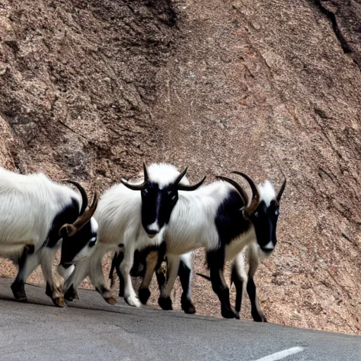 Prompt: photograph of a family of mountain goats licking the salt off of the rock walls of a tunnel taken from the passenger - side window of a vehicle