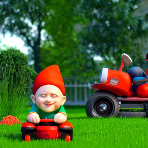 Image similar to gnome wearing red hat sitting on fancy riding lawn mower in backyard afternoon 2019 Pixar render SSAO ray marching black and orange lawn mower designed by Ikuo Maeada