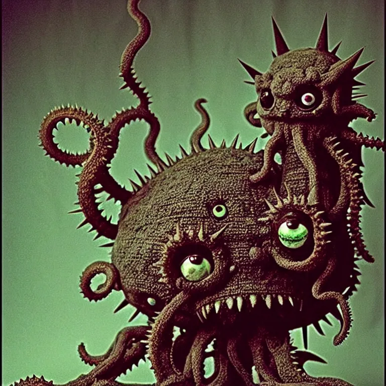 Image similar to photo of cute plush fluffy chibi monster with spikes, tentacles and many eyes. jpeg compression artifacts, strong compression artifacts. made by giger, wayne barlowe, dariusz zawadzki, zdzislaw beksinski