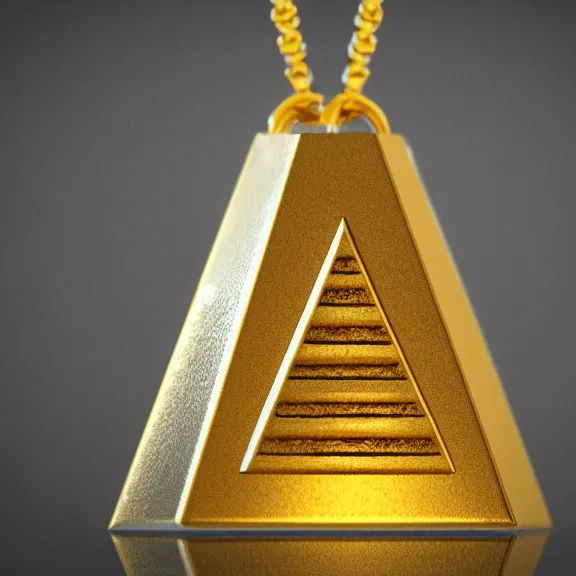 Prompt: An ancient egyptian pendant that looks like an upside-down pyramid with the wedjat eye engraved, dirty gold, splash art, movie still, cinematic lighting, dramatic, octane render, long lens, shallow depth of field, bokeh, anamorphic lens flare, 8k, hyper detailed, 35mm film grain