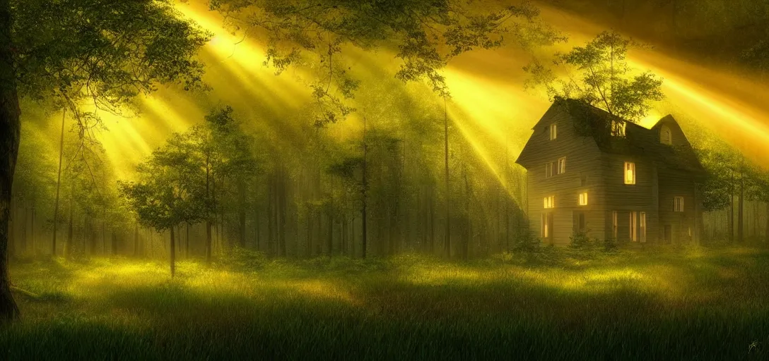 Image similar to beautiful forest at night, house with glowing windows, crepuscular rays, magical feeling, detailed, digital art