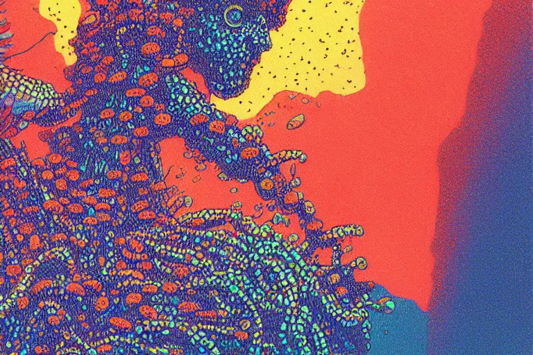 Image similar to risograph grainy drawing vintage sci - fi, satoshi kon color palette, gigantic gundam full - body covered in iridescent dead coral reef 1 9 6 0, kodak, with lot tentacles, natural colors, codex seraphinianus painting by moebius and satoshi kon and dirk dzimirsky close - up portrait