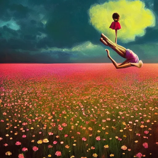 Image similar to giant daisy flower as head, girl ballet dancing in a flower field, surreal photography, sunrise, dramatic light, impressionist painting, colorful clouds, digital painting, artstation, simon stalenhag