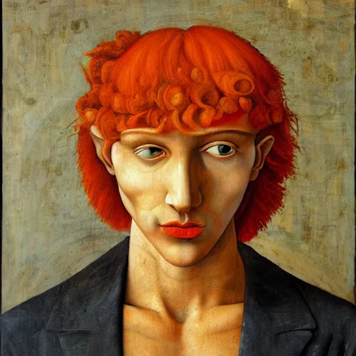 Image similar to a painting of a man with orange hair, a surrealist painting by andrea mantegna, featured on behance, renaissance, da vinci, pre - raphaelite, surrealist