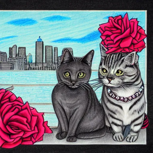 Prompt: animal friends portrait of a grey tabby cat wearing top hat sitting next to a black cat wearing a flower lei necklace, city skyline in the background, detailed colored pencil drawing 4 k