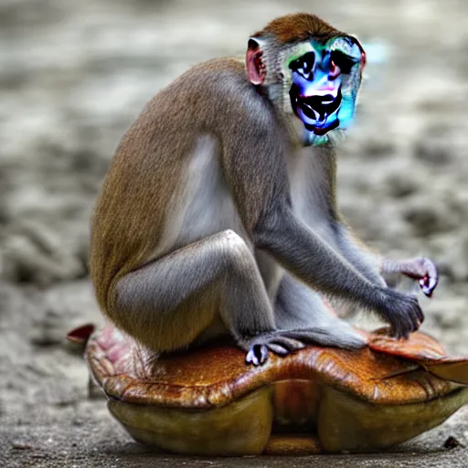 Image similar to a photograph of a monkey sitting on the back of a turtle